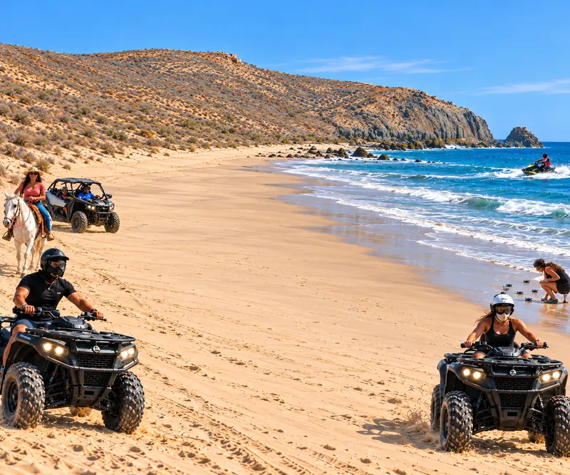 Riders on ATVs, a Can-Am UTV and a horse on a Baja beach, with a jet ski and a sea-turtle release by the water